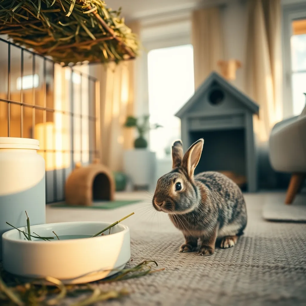 Un enclos bien aménagé avec foin, cachette et gamelle constitue la base du bien-être du lapin nain