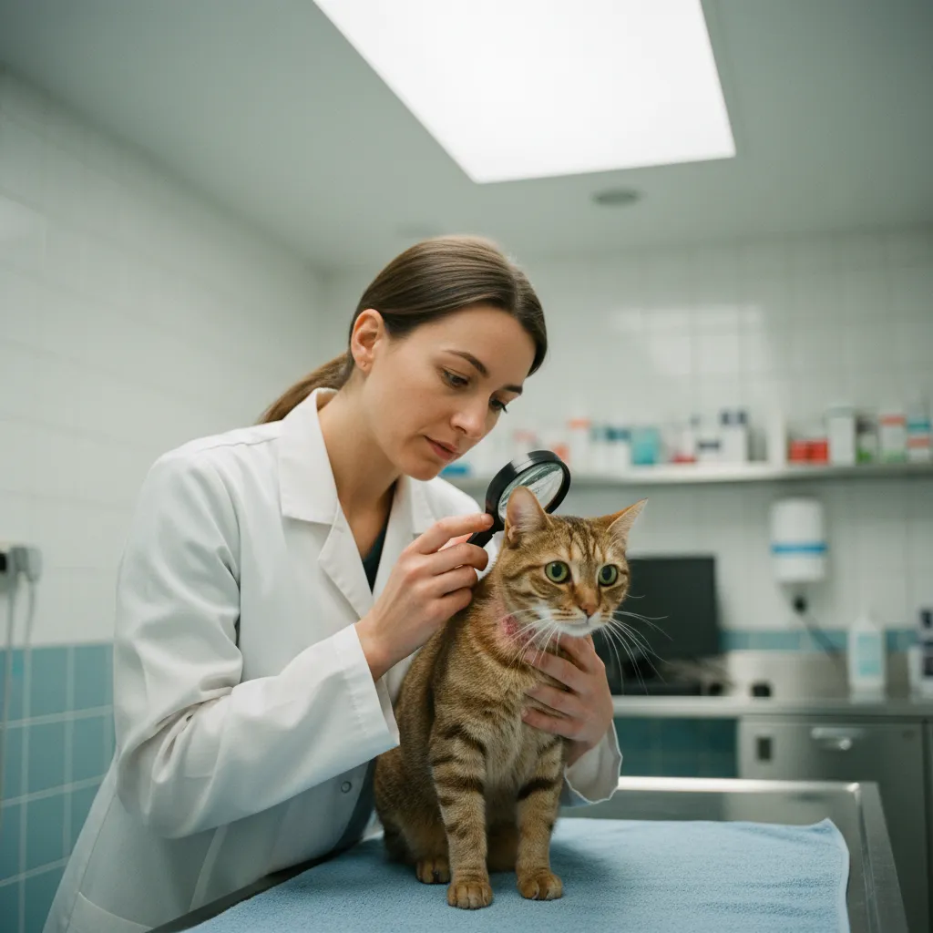 Examen dermatologique d'un chat présentant des lésions cutanées liées à une allergie alimentaire