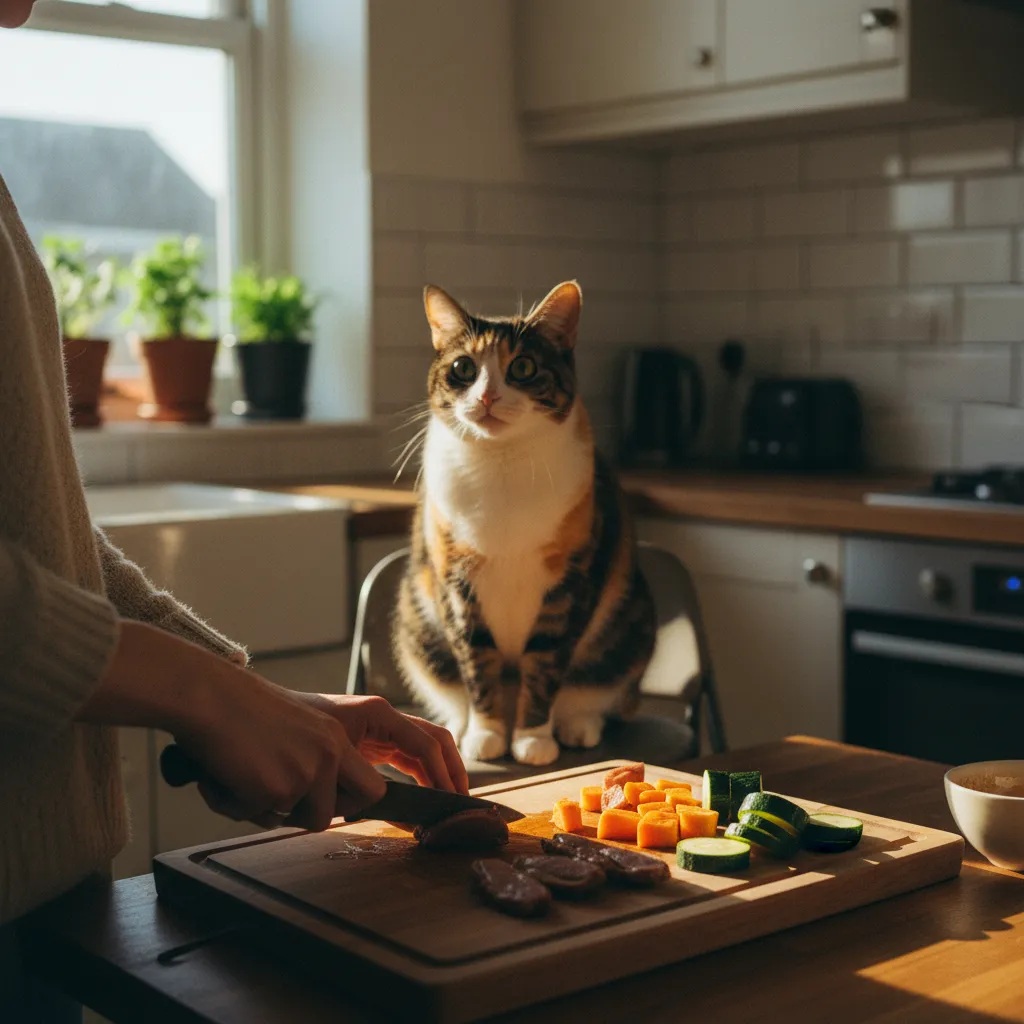 Préparation d'une ration ménagère hypoallergénique à base de canard et patate douce pour chat