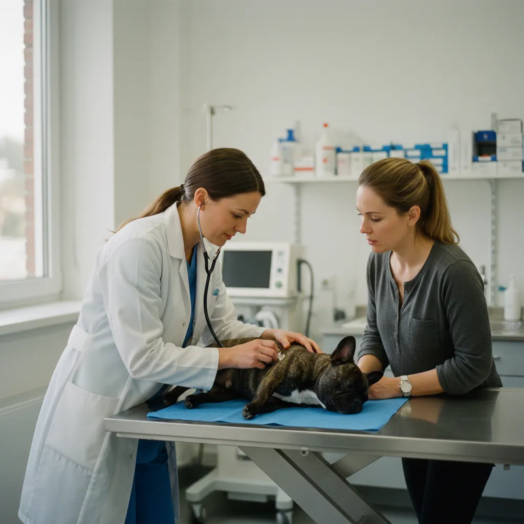 Consultation vétérinaire d'un bouledogue français, race à prédispositions connues