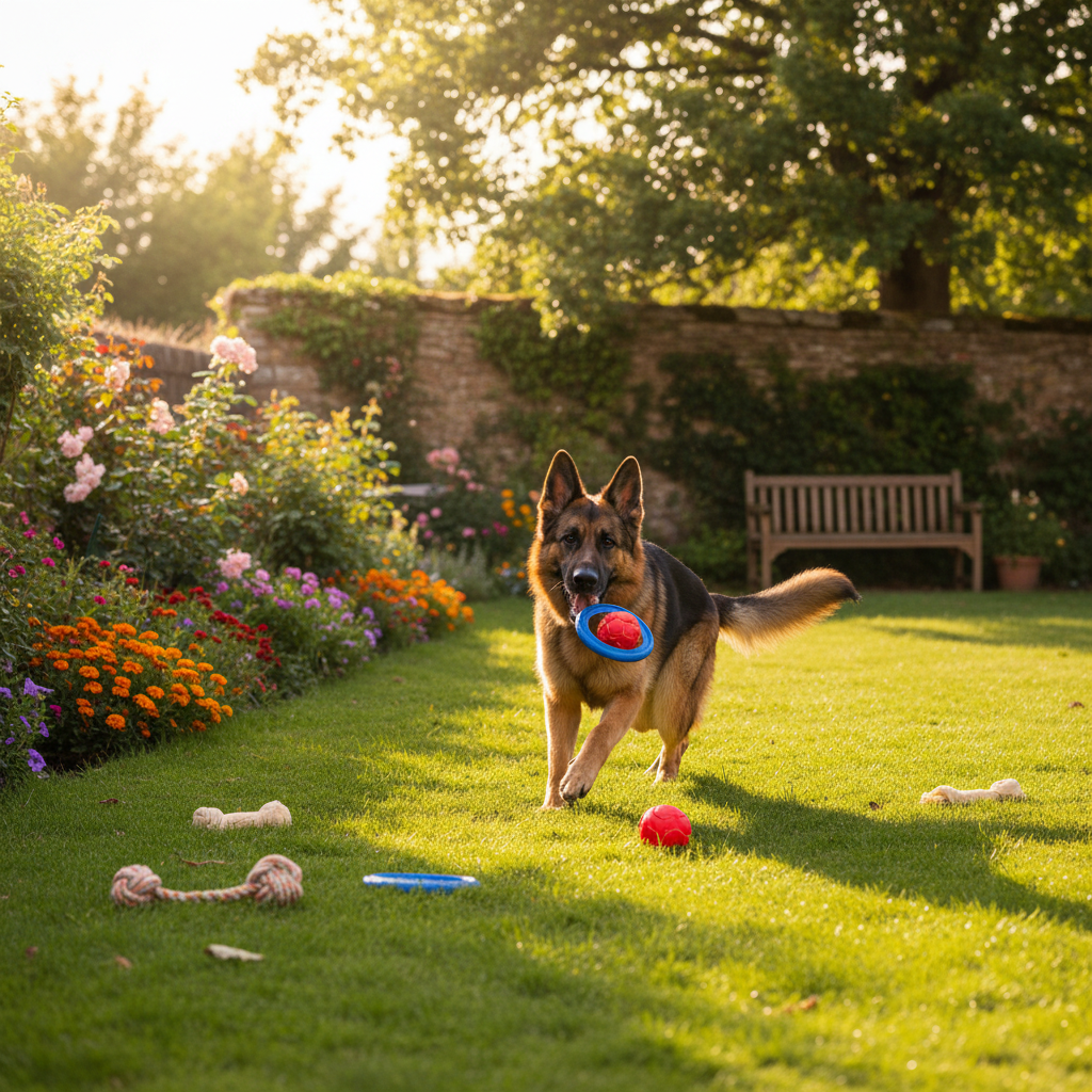 Grand chien berger allemand jouant dans un jardin ensoleillé