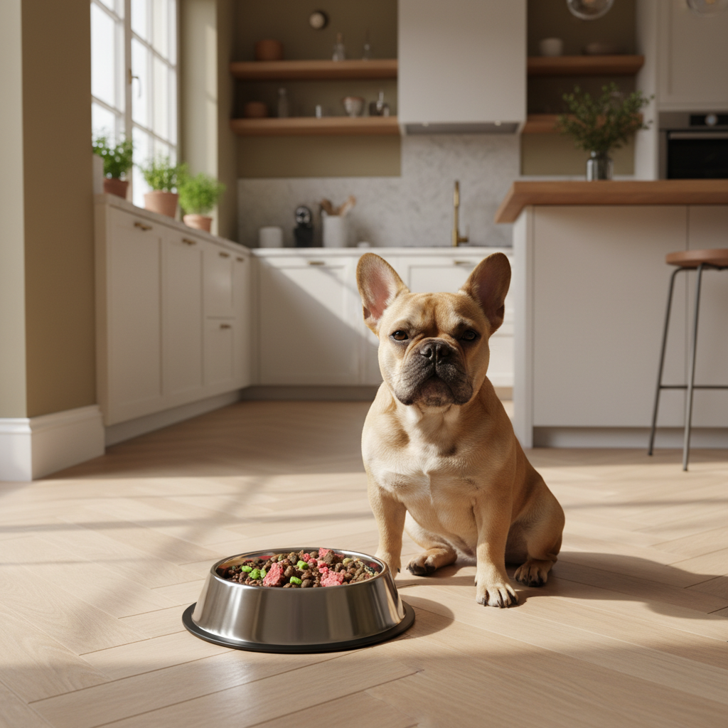 Petit chien bouledogue français avec alimentation premium dans une cuisine