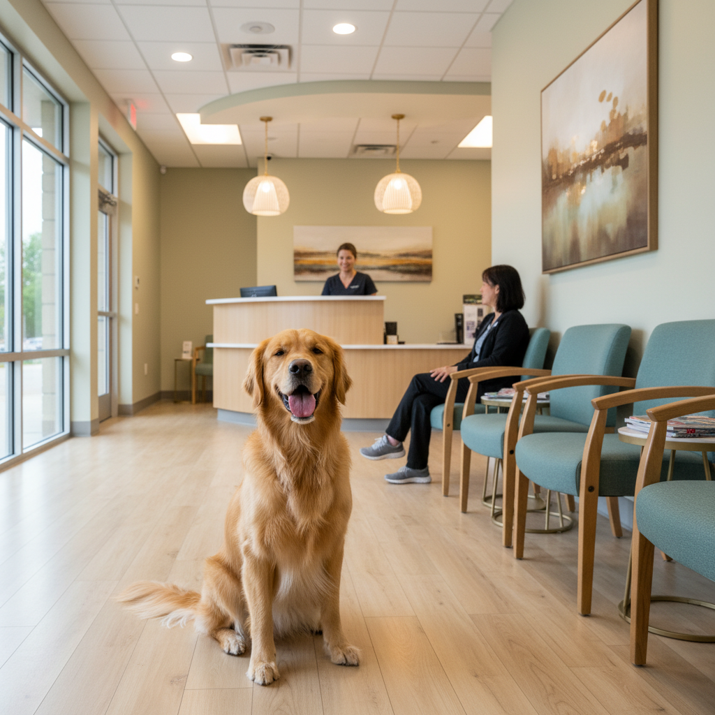 Chien golden retriever dans une salle d’attente vétérinaire moderne