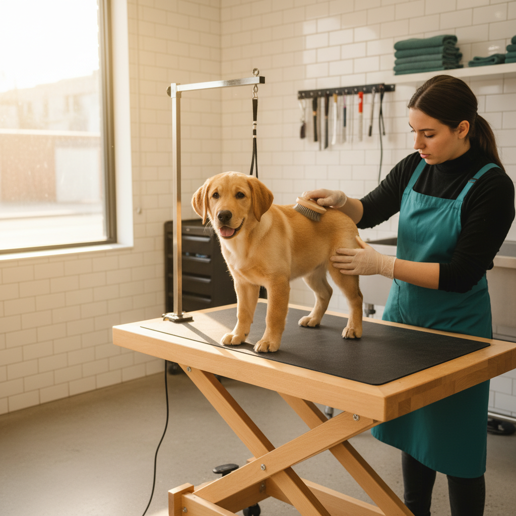 Chiot labrador retriever brossé dans un salon de toilettage
