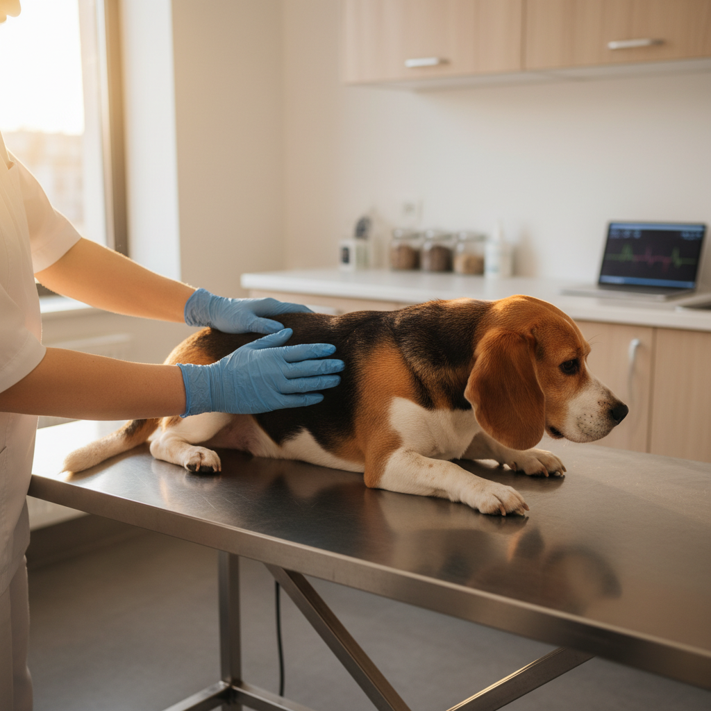 Beagle examiné par un vétérinaire sur une table de consultation