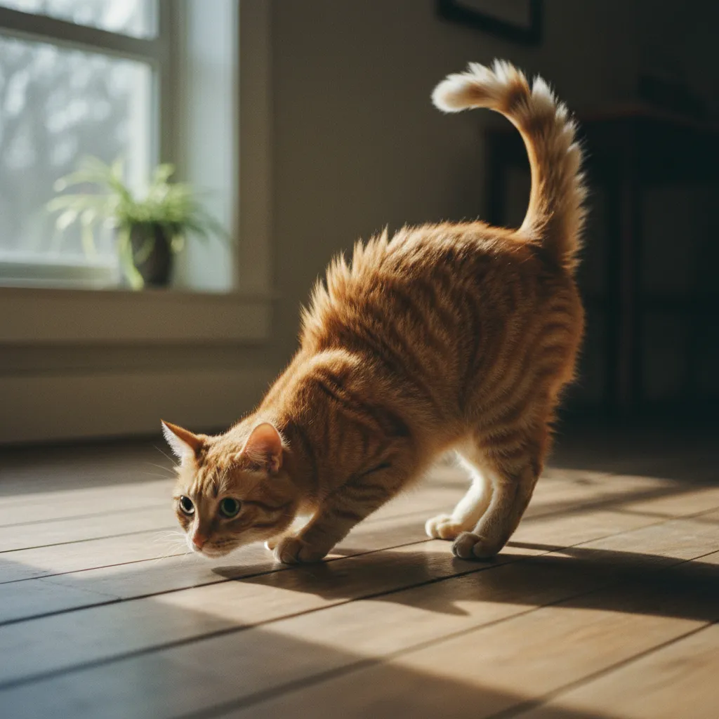 Le dos arqué et les poils hérissés sont des signes caractéristiques de la posture défensive du chat