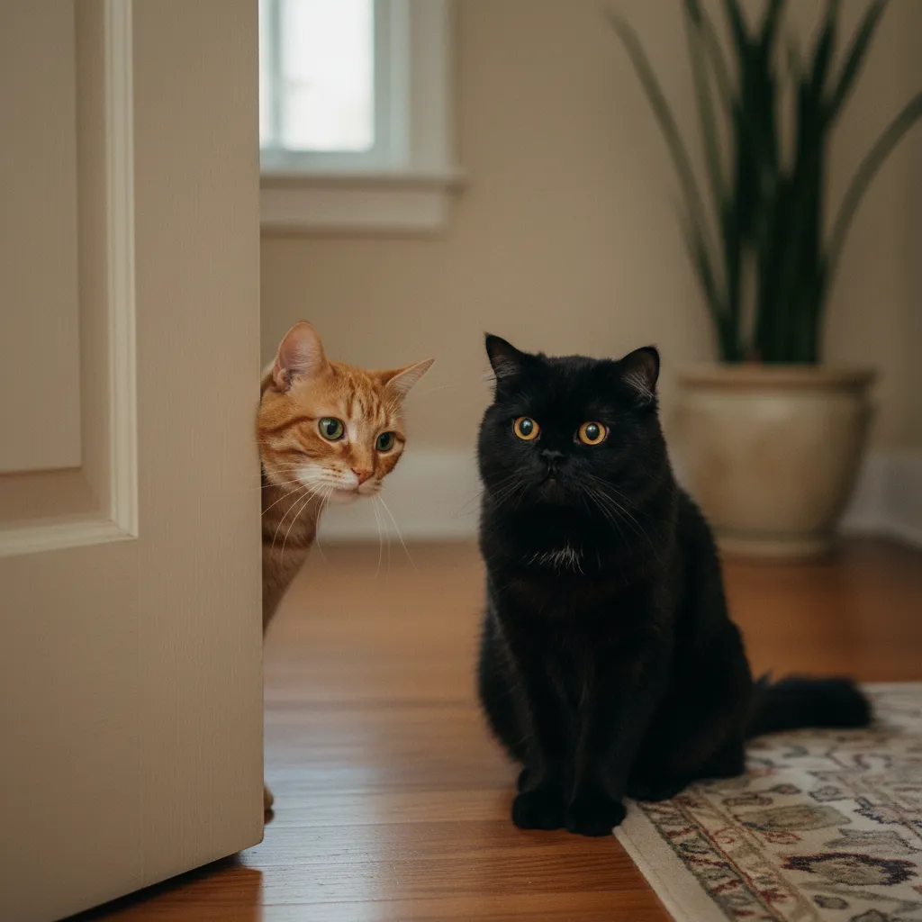 La réintroduction progressive entre deux chats passe par des contacts visuels contrôlés à travers une porte entrouverte