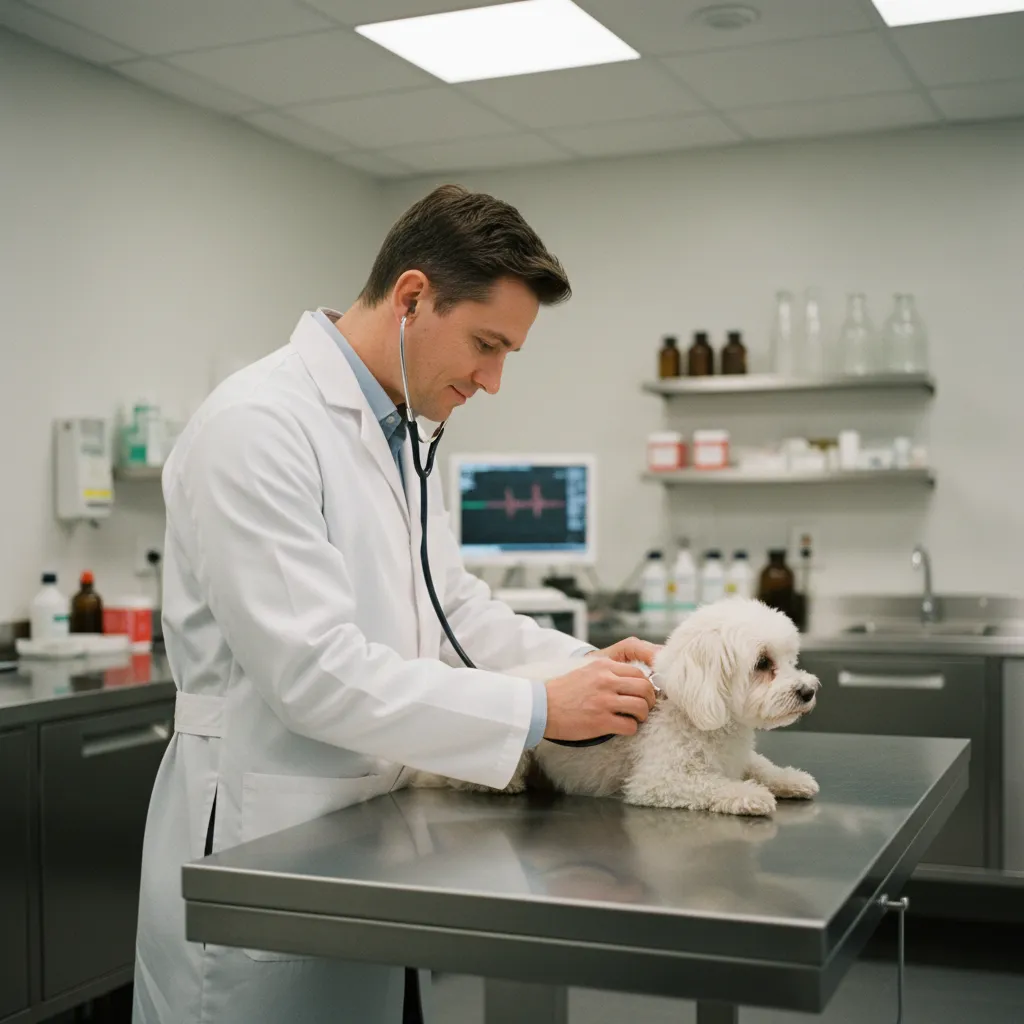 Un vétérinaire ausculte un chien après une suspicion d'intoxication au chocolat