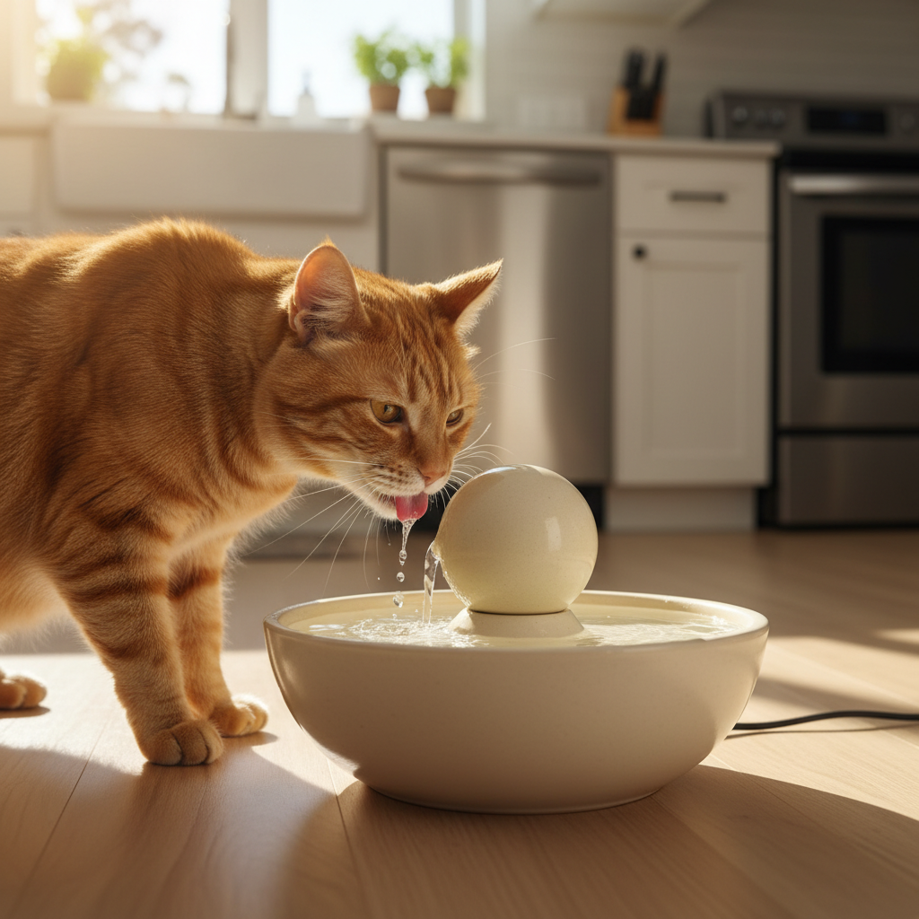 a ginger senior cat drinking water from a ceramic pet fountain in a bright modern kitchen, natural window light, warm am