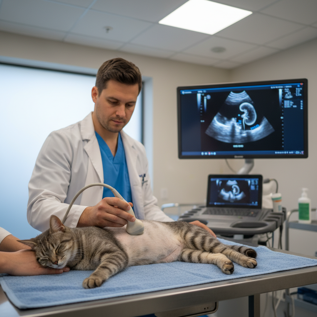 a veterinarian performing an ultrasound on a calm grey cat lying on its side, the ultrasound screen visible in the backg