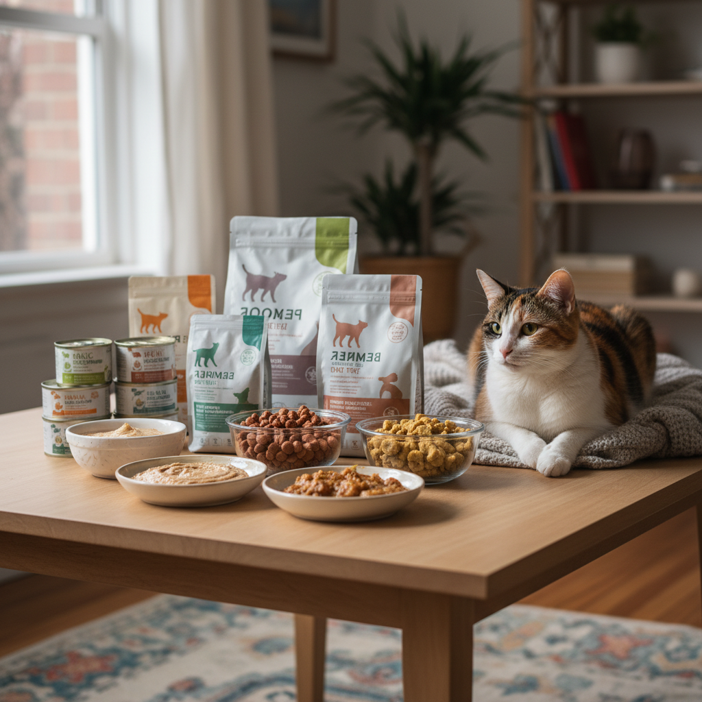 a variety of veterinary renal diet cat food, wet and dry formulas displayed in clean bowls on a wooden surface, a relaxe
