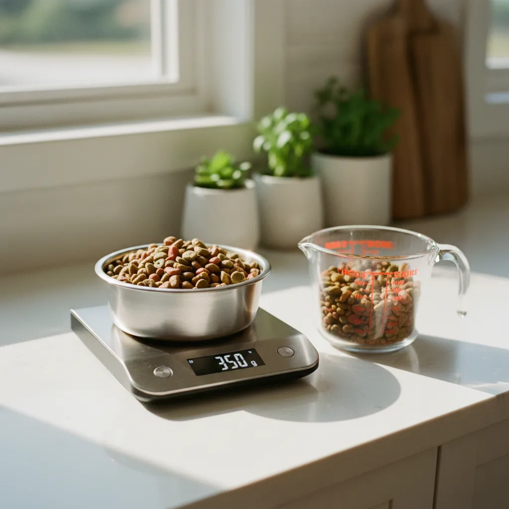 Peser les croquettes à la balance de cuisine garantit une ration précise