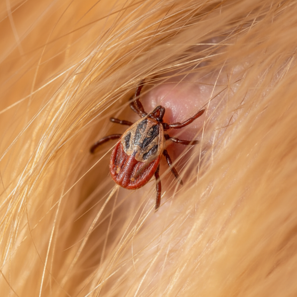 a close-up macro shot of a tick (Dermacentor reticulatus) attached to the skin of a golden retriever dog, with visible f