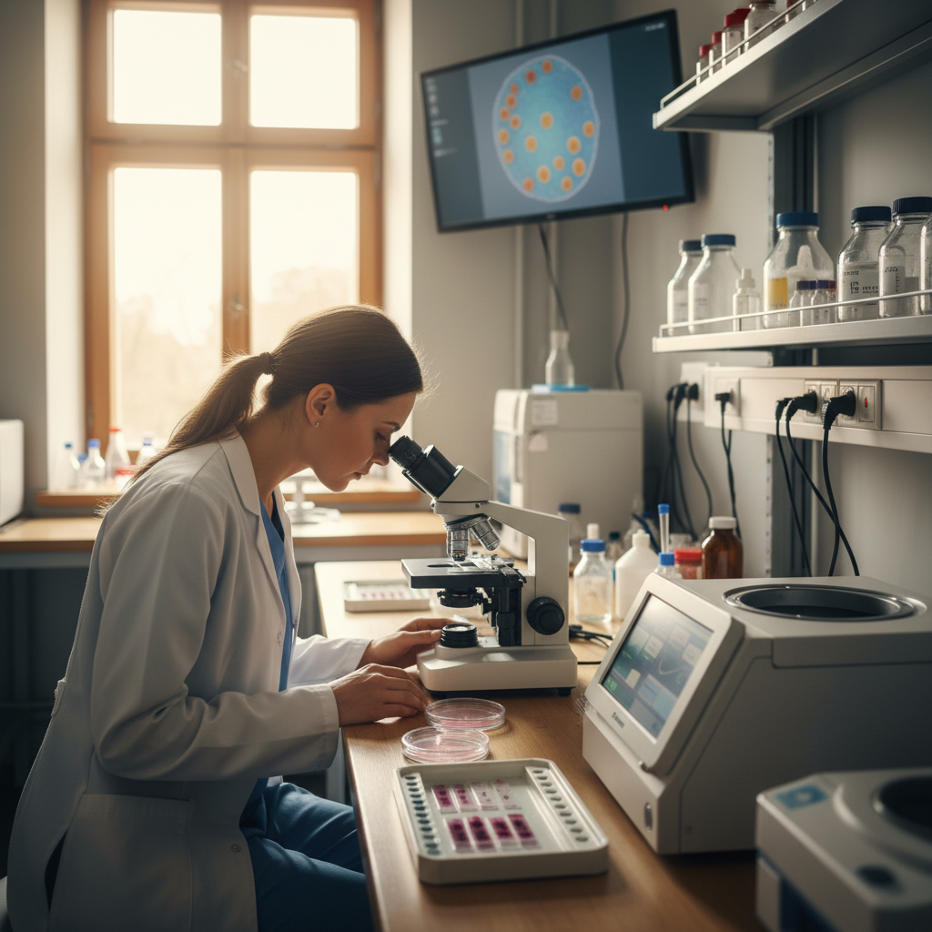 a veterinarian looking through a microscope in a laboratory setting, with blood sample slides on the bench, modern veter