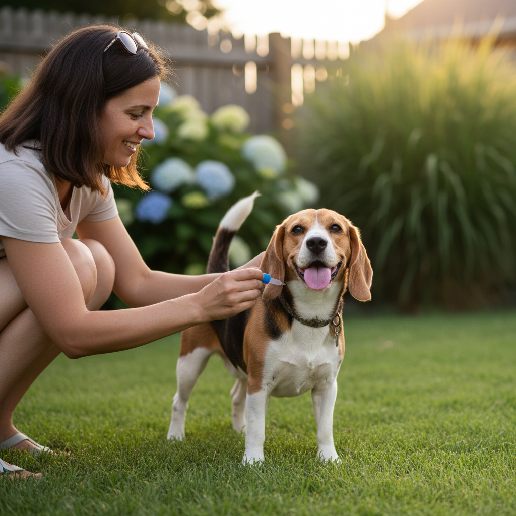 a pet owner applying a tick prevention spot-on pipette on the neck of a happy Beagle dog outdoors in a green garden. Sof