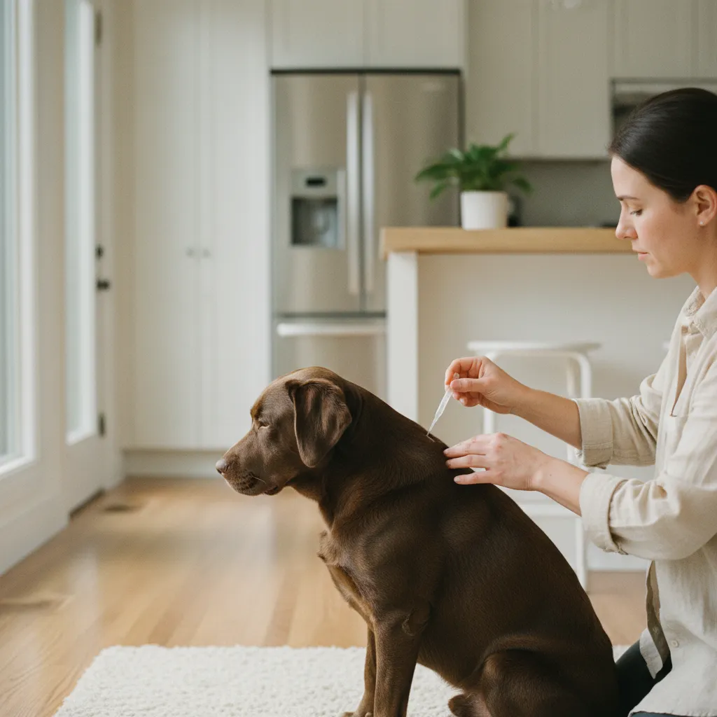 L'application d'une pipette spot-on se fait directement sur la peau, entre les omoplates du chien