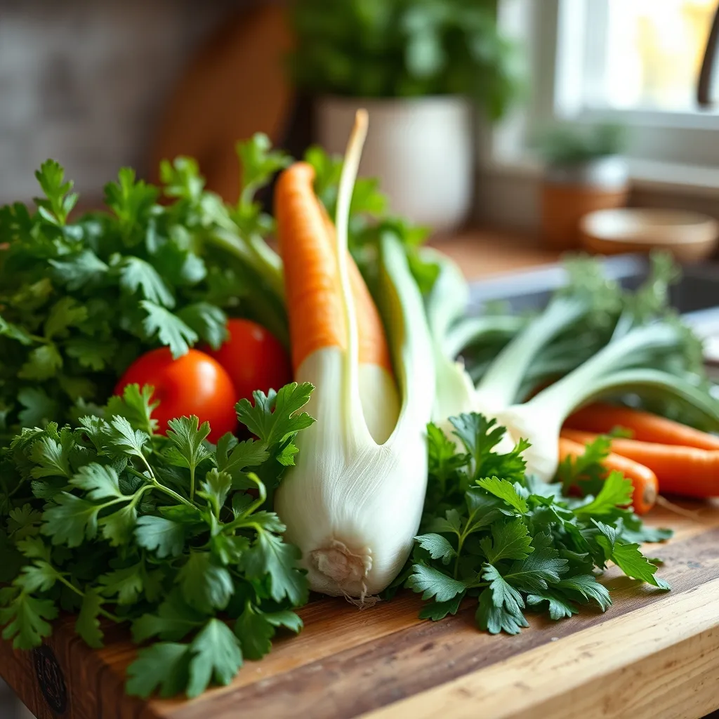 Un assortiment de légumes frais adaptés au lapin nain : persil, basilic, endive et fanes de carottes