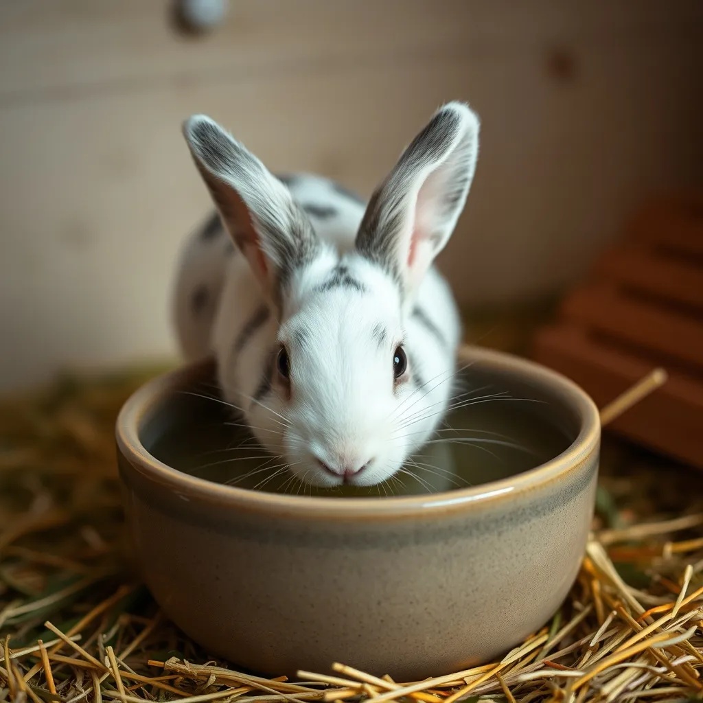 Une gamelle en céramique lourde est préférable au biberon pour l'hydratation du lapin nain