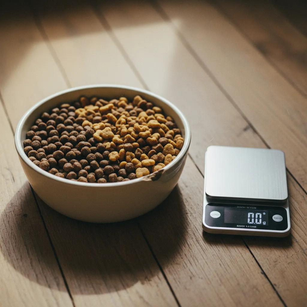 Peser les croquettes avec une balance de cuisine garantit des proportions exactes pendant la transition