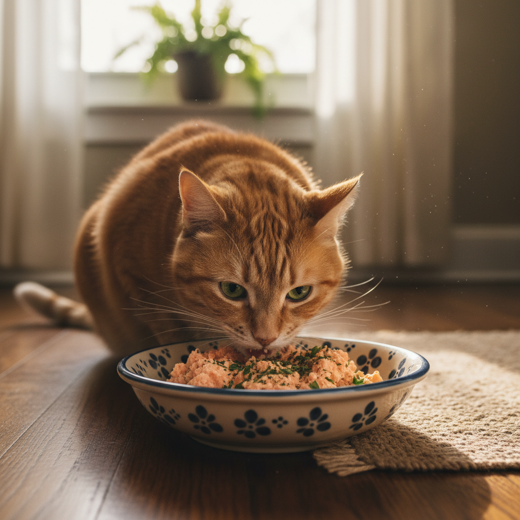 Chat mangeant dans une gamelle avec des compléments alimentaires naturels