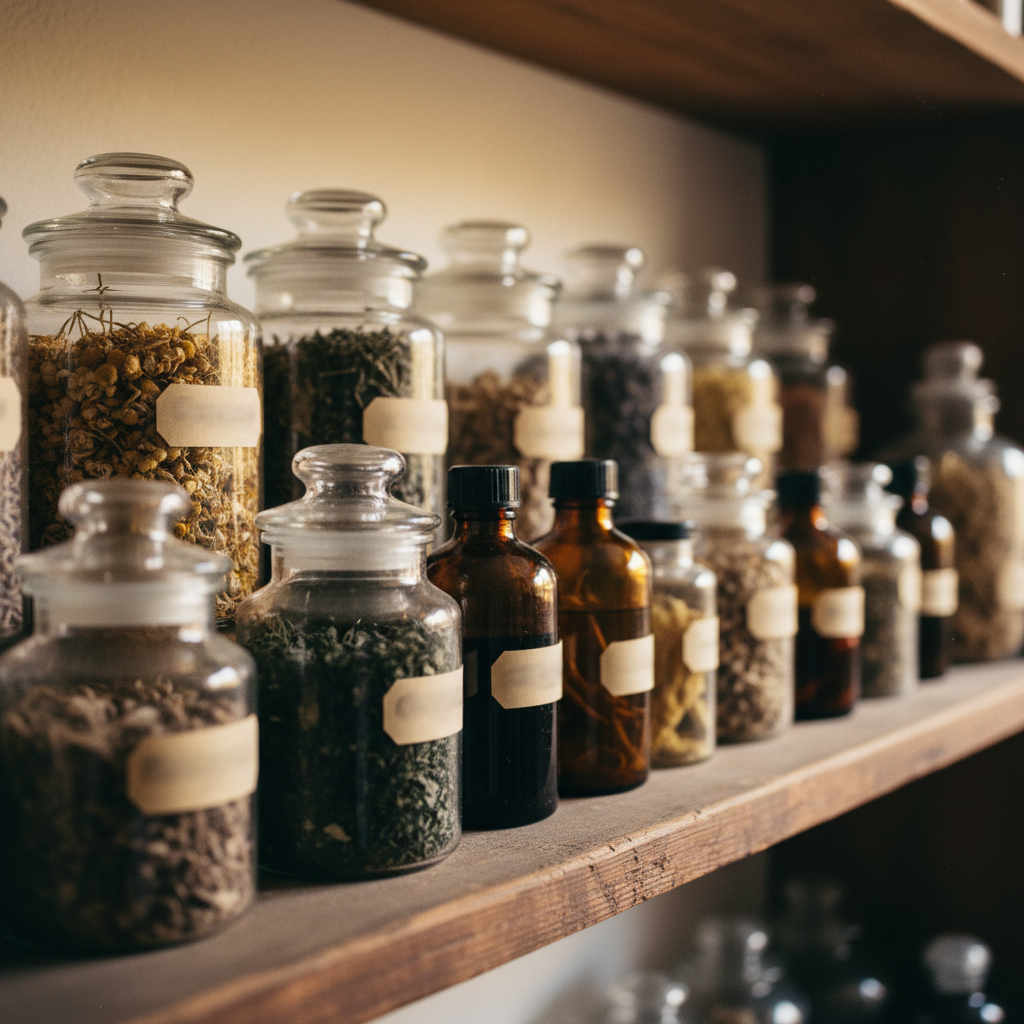 Herbes séchées et extraits de plantes dans des bocaux en verre pour remèdes naturels animaux