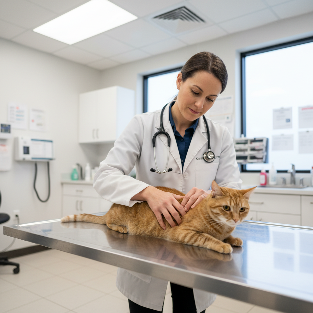 Vétérinaire examinant le ventre d’un chat dans une clinique moderne