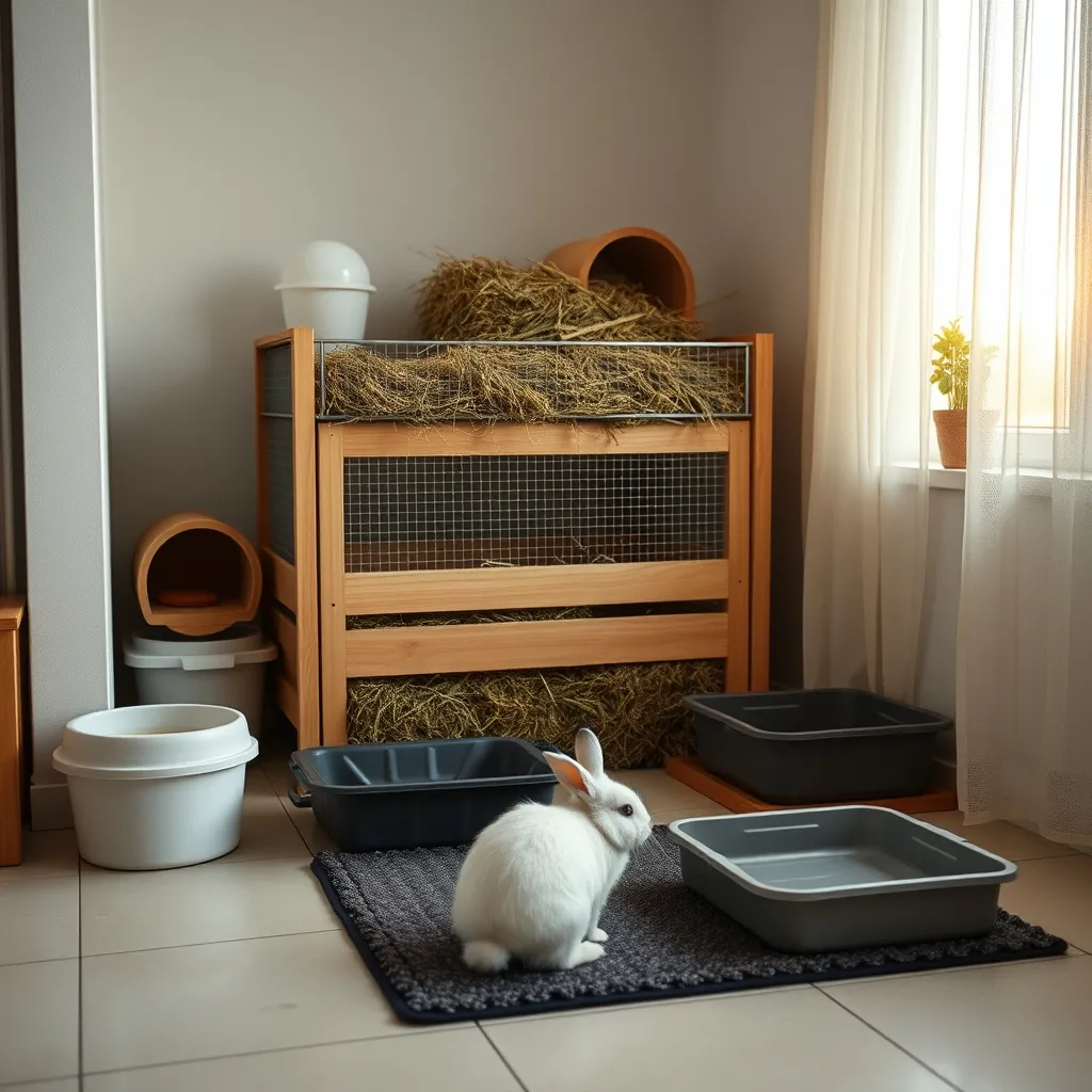 Enclos intérieur aménagé avec cachette, râtelier à foin et bac à litière