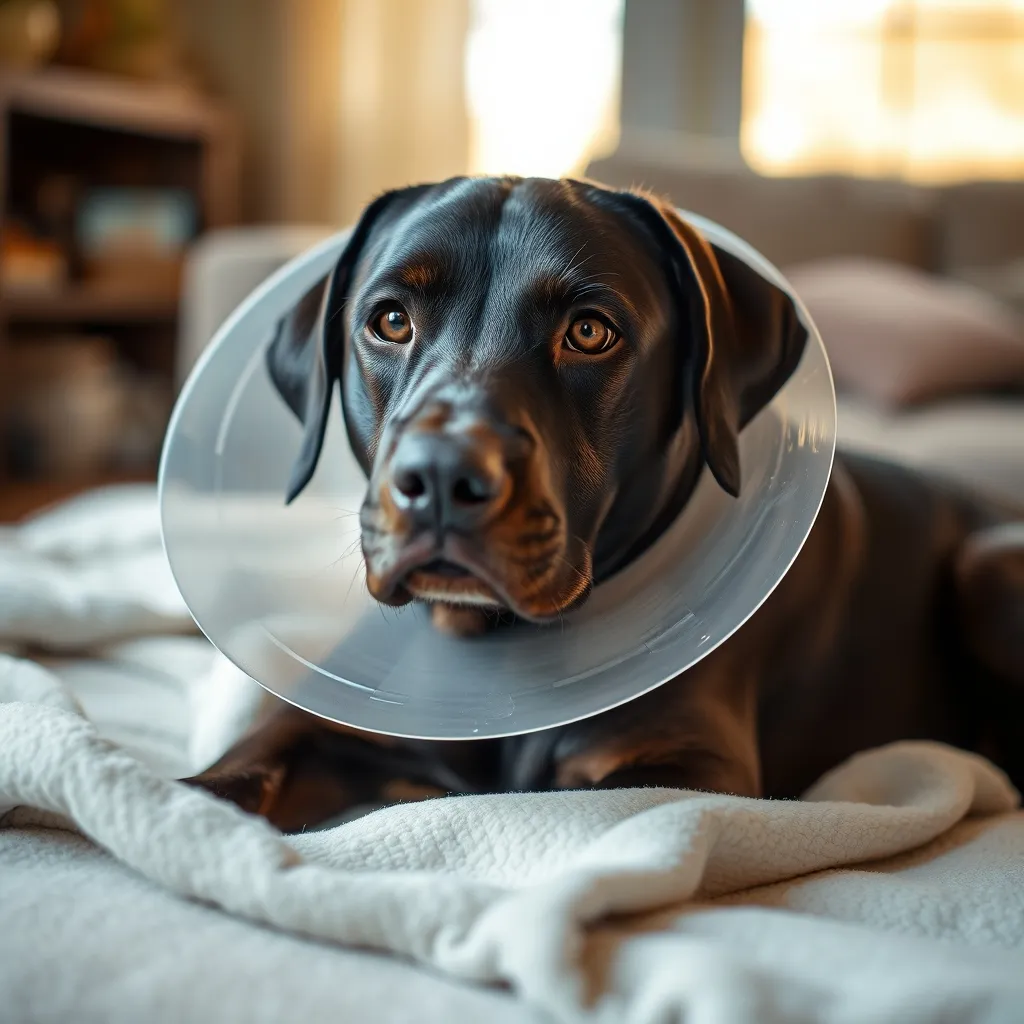 Un labrador en convalescence après une opération chirurgicale vétérinaire