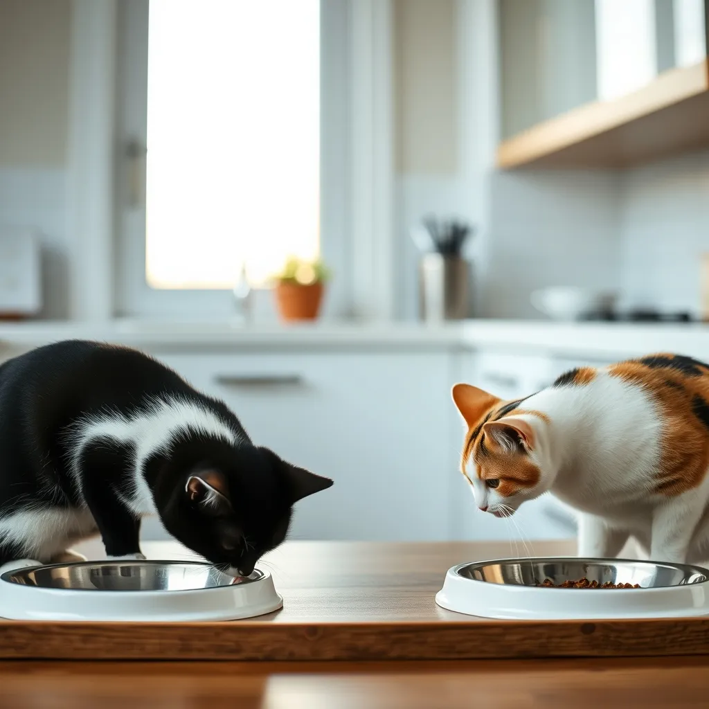 Deux chats mangeant à des postes d'alimentation séparés pour éviter la compétition