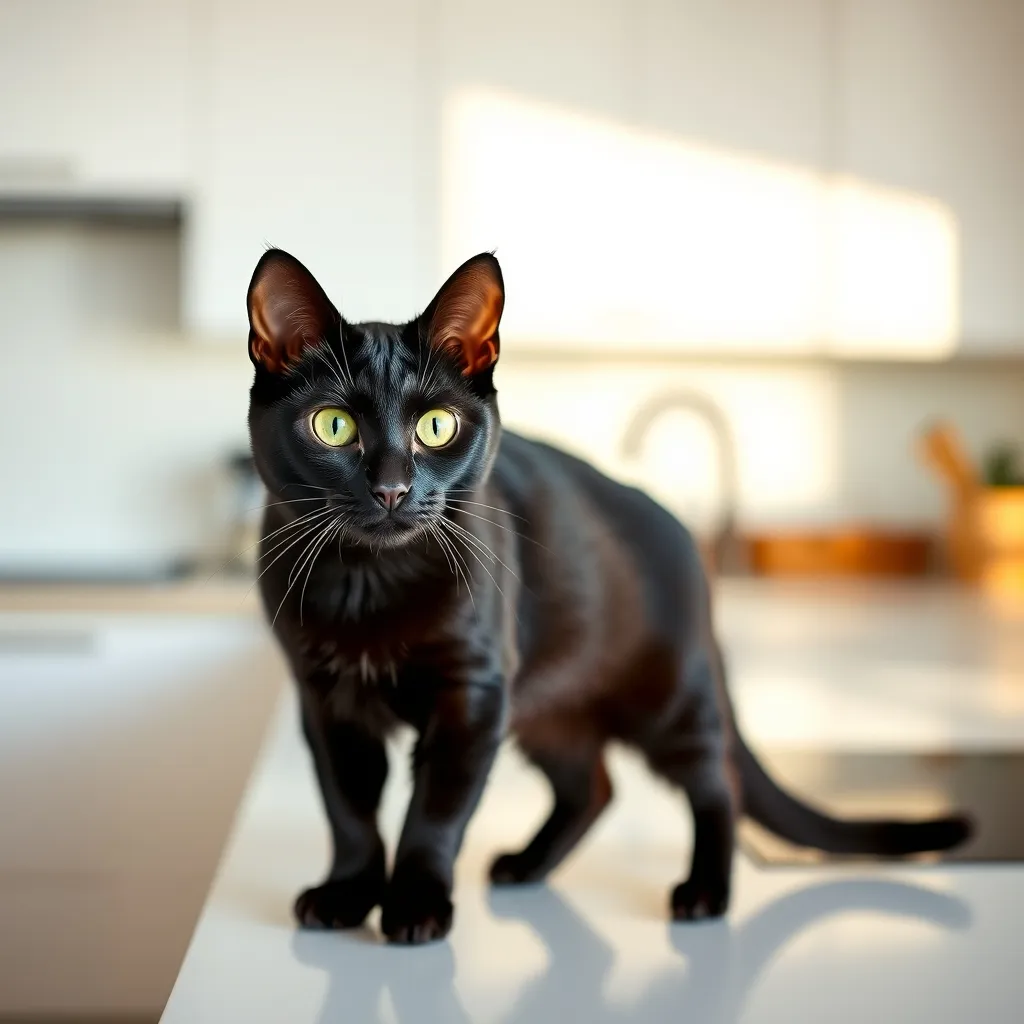 L'Oriental noir Ebony se distingue par ses yeux verts émeraude et sa silhouette élancée