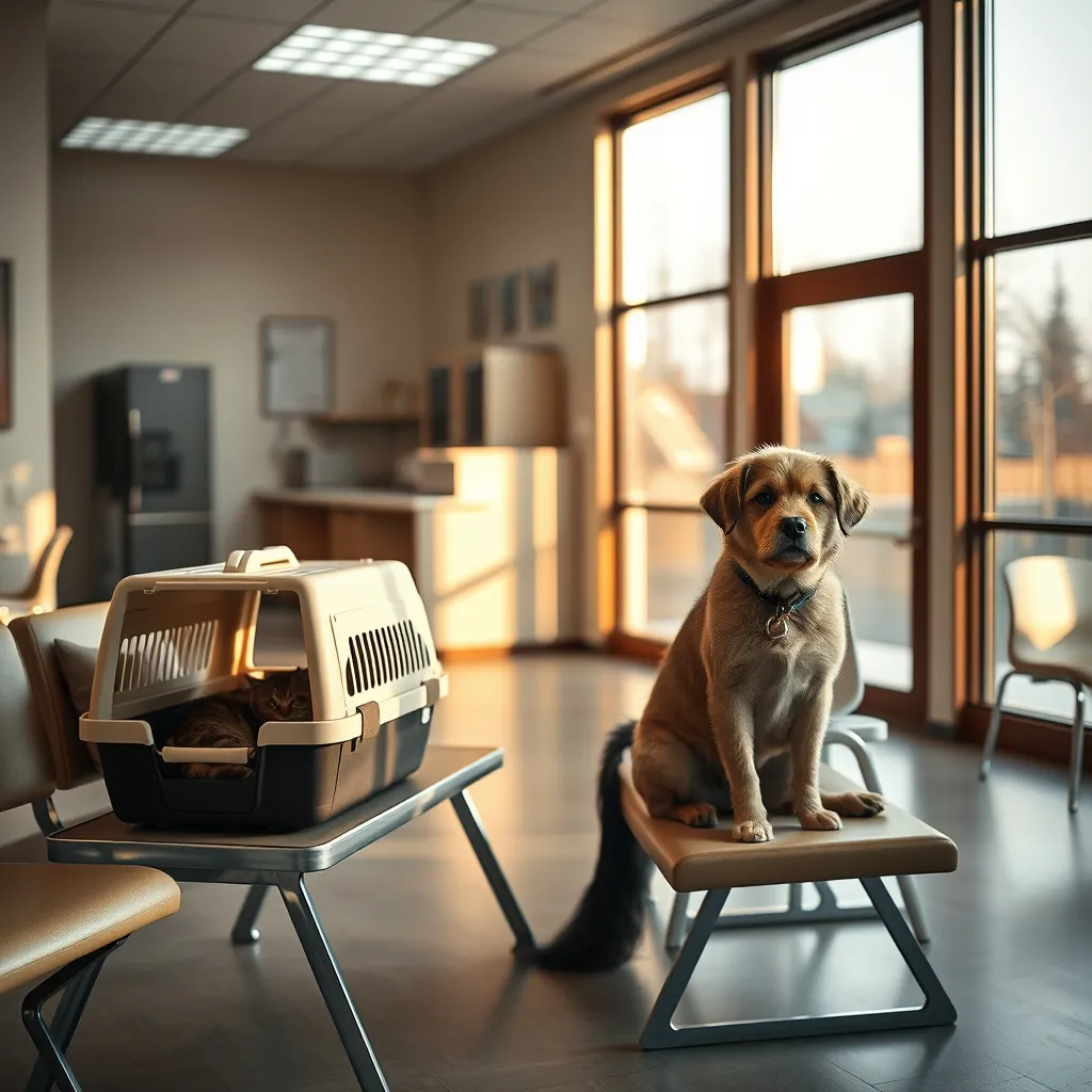 Salle d'attente aménagée avec des espaces séparés pour chiens et chats