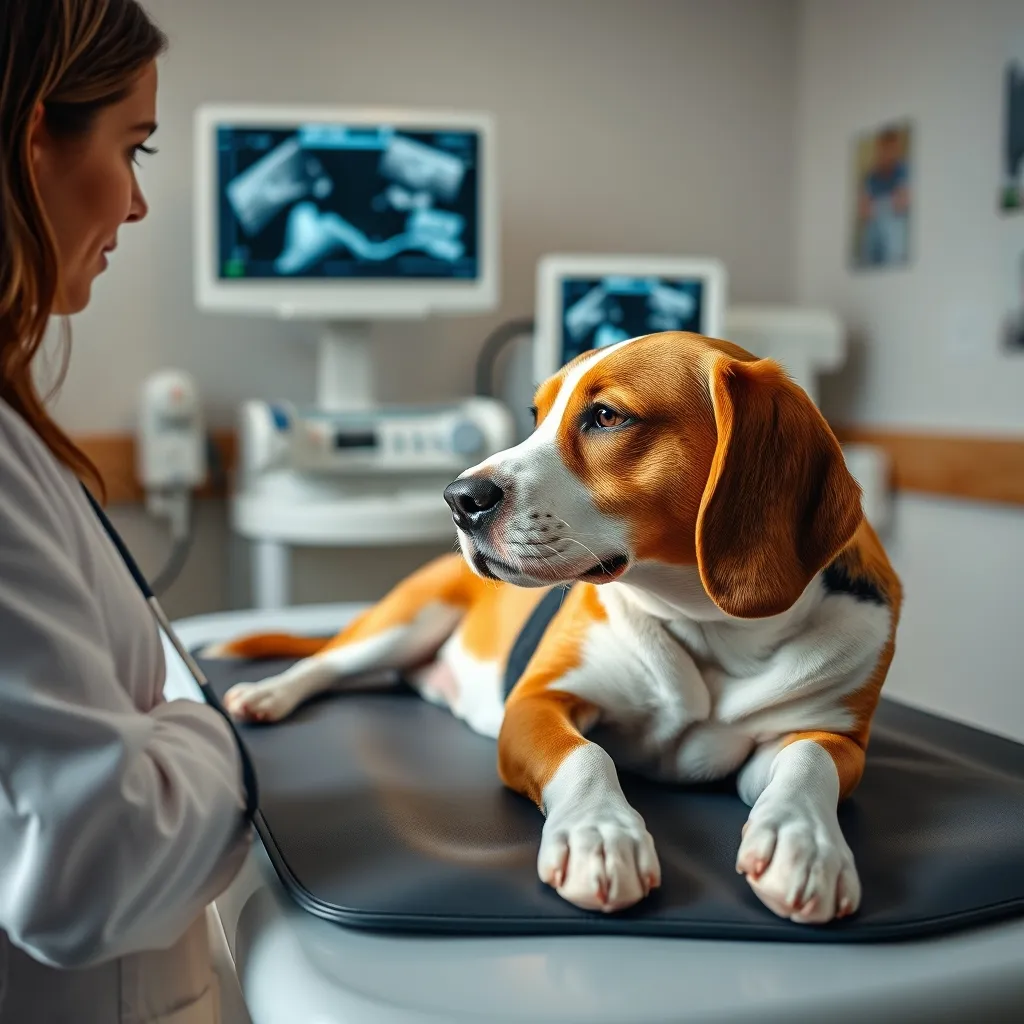 Examen échographique d'un chien sur la table de consultation vétérinaire