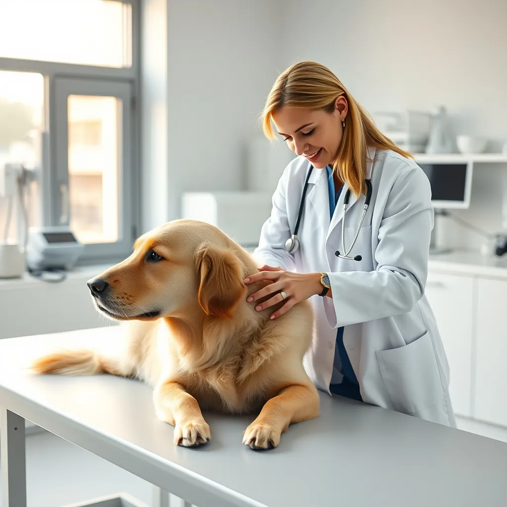 Examen clinique attentif d'un chien lors d'une consultation vétérinaire