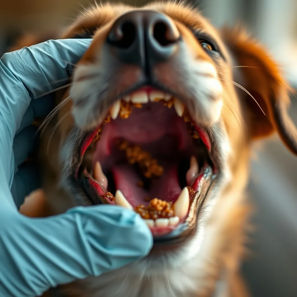 Accumulation de tartre visible sur les dents d'un petit chien avec inflammation gingivale