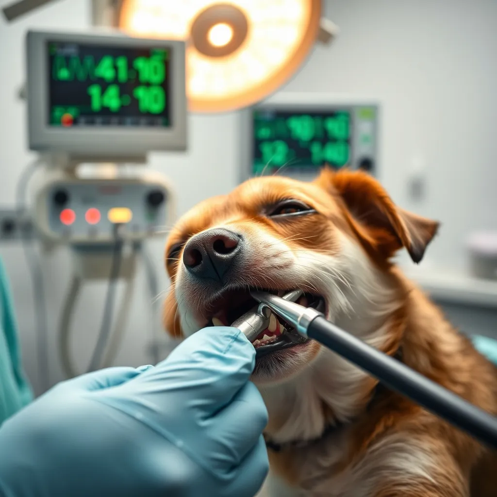 Détartrage aux ultrasons sur un chien sous anesthésie générale avec monitoring
