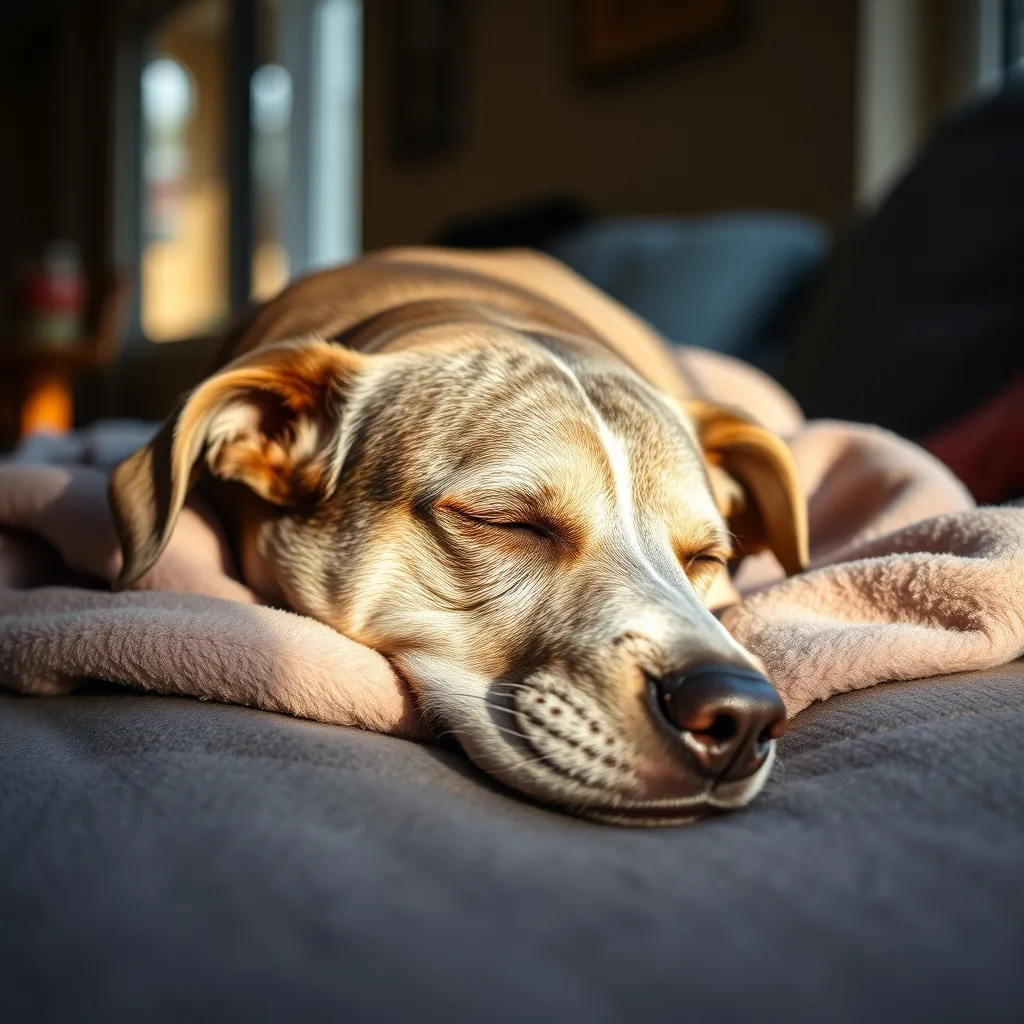 Un chien âgé se repose tranquillement après son détartrage vétérinaire