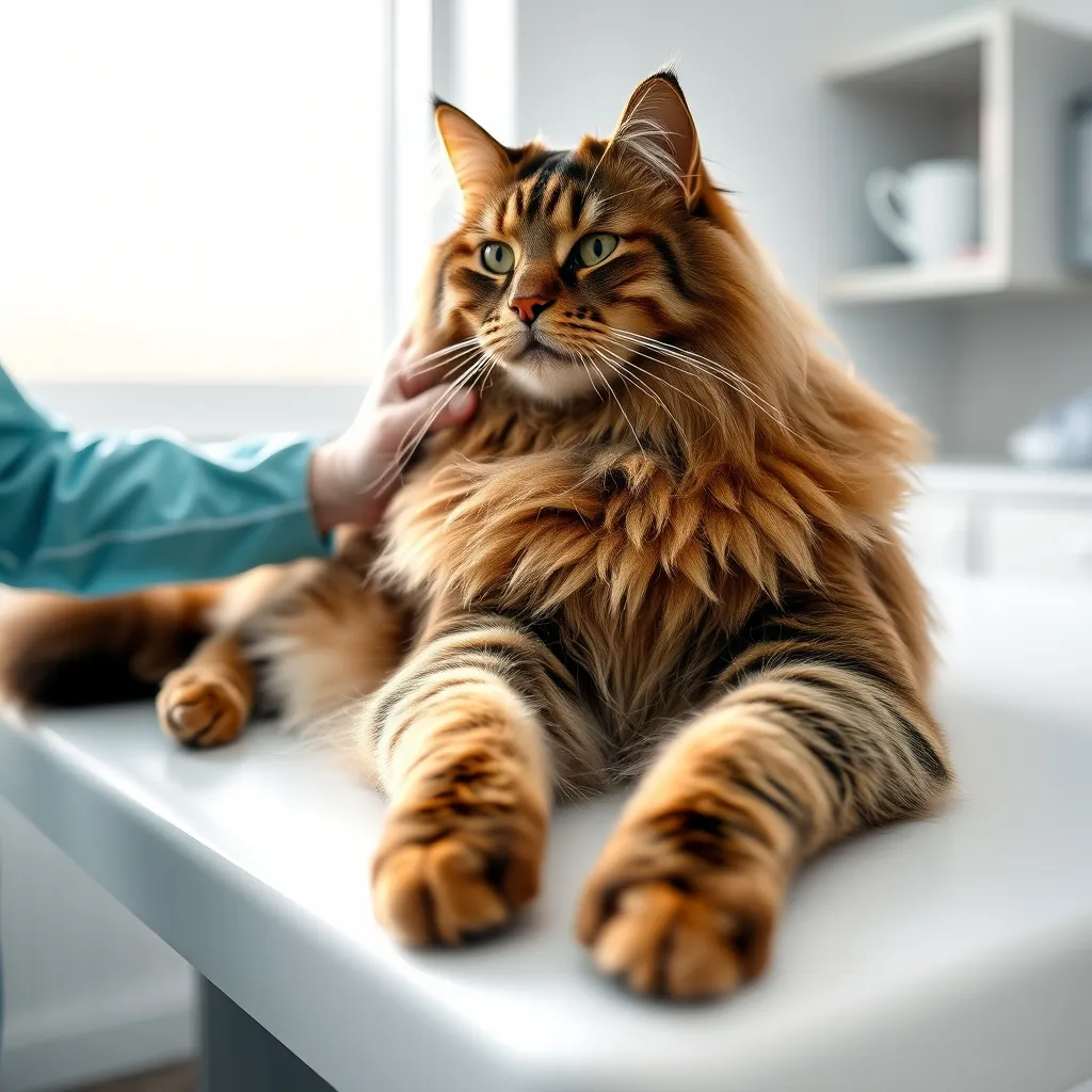 Le Maine Coon, plus grande race de chat domestique, lors d'un examen vétérinaire