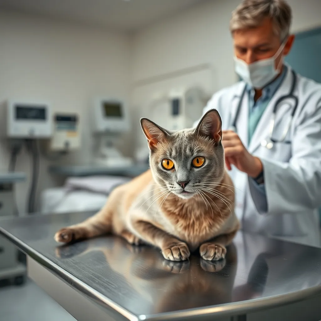 Examen vétérinaire d'un Chartreux, race française reconnue pour sa robustesse et son pelage bleu-gris