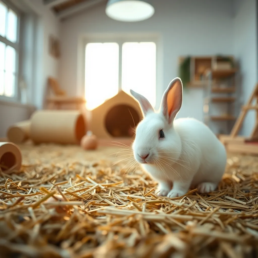 Un enclos spacieux avec foin, tunnels et jouets assure le bien-être du lapin blanc nain