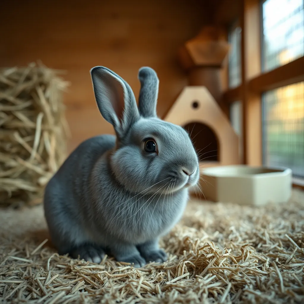 Enclos intérieur aménagé pour un lapin nain gris avec abri et râtelier à foin
