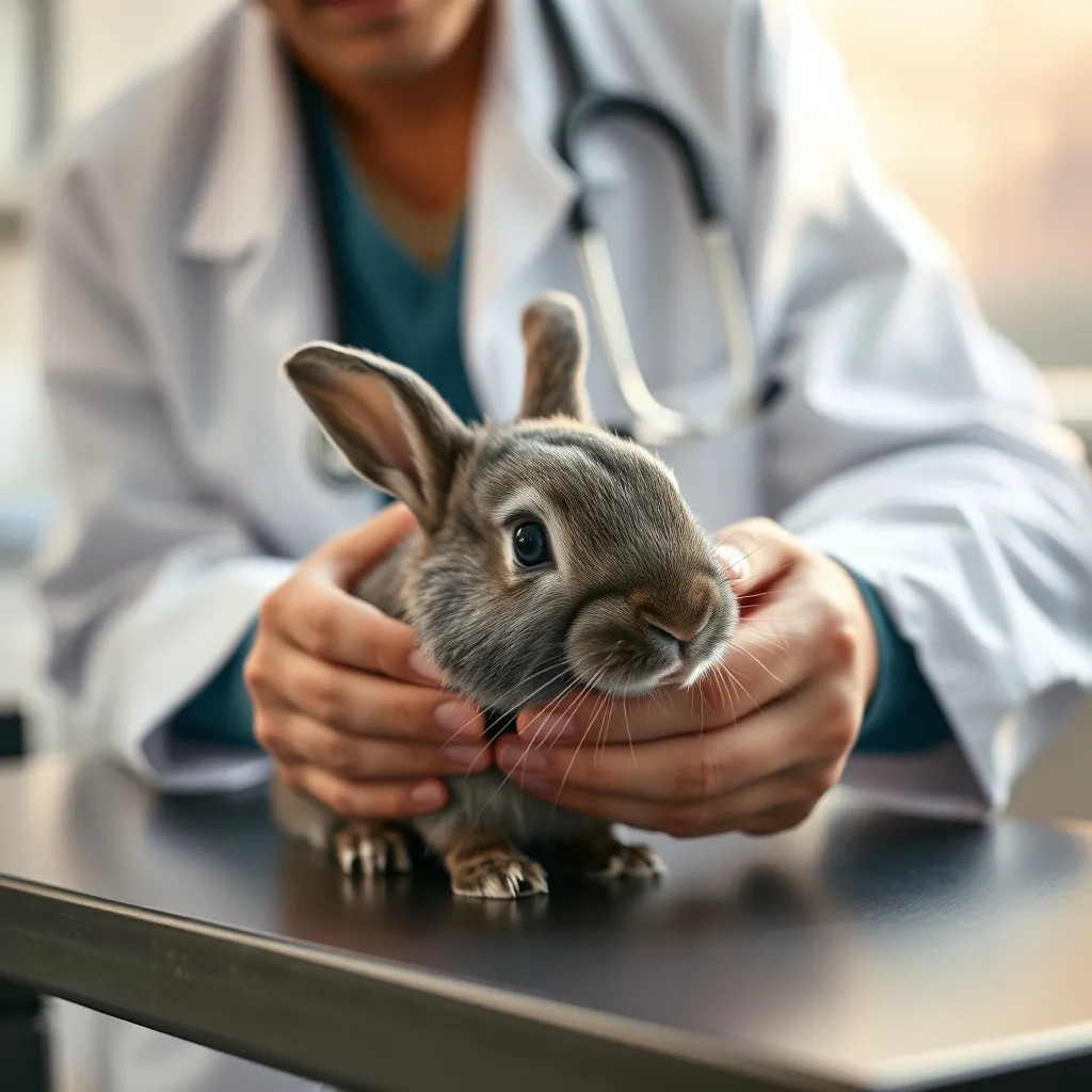 Examen vétérinaire des dents d'un lapin nain gris en consultation