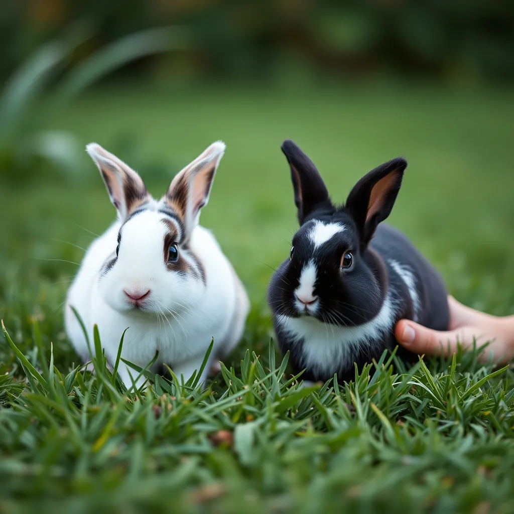 Deux lapins nains néerlandais de coloris différents dans un jardin sécurisé