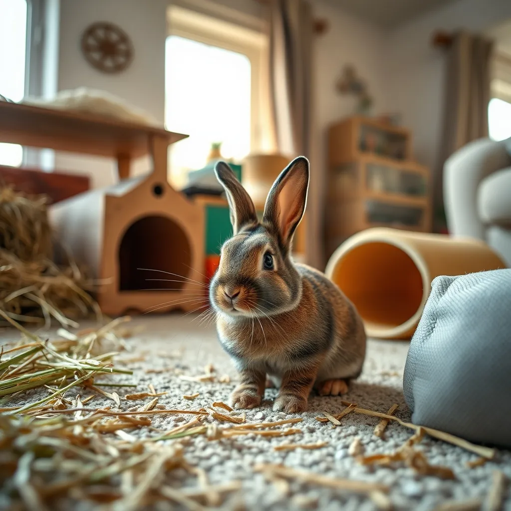 Enclos intérieur aménagé avec cachette, râtelier à foin et jouets pour lapin nain néerlandais