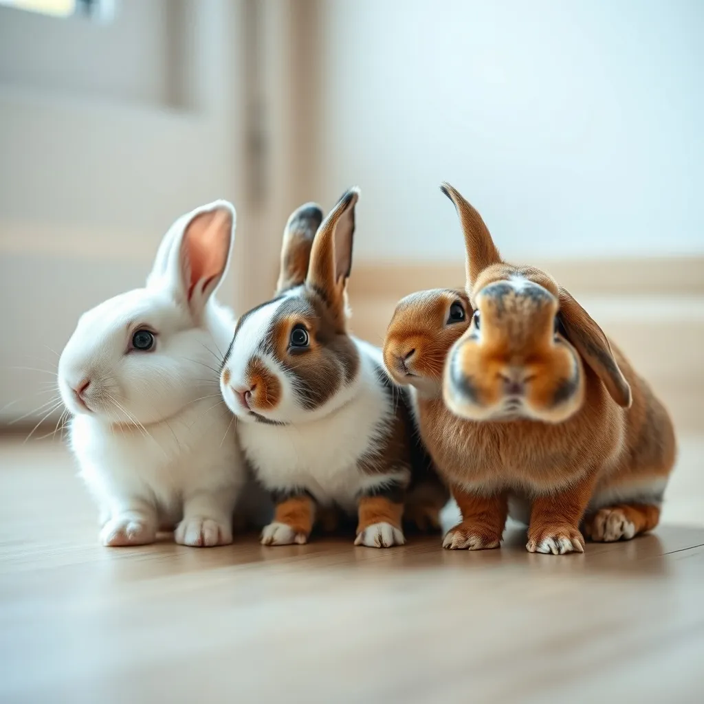 Comparaison de trois races de lapins nains : Hermine, Nain de couleur et bélier nain