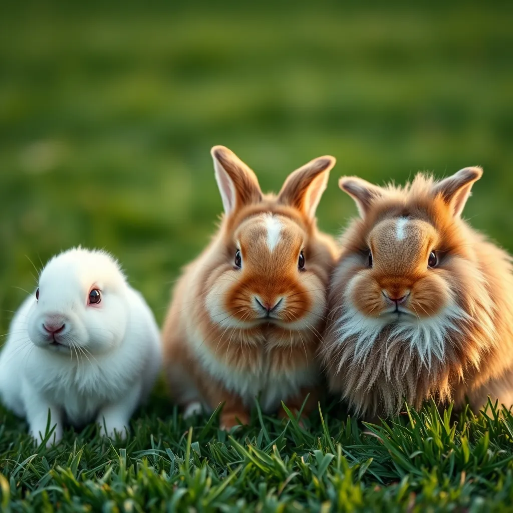 Trois races de lapins nains côte à côte : polonais, bélier et angora