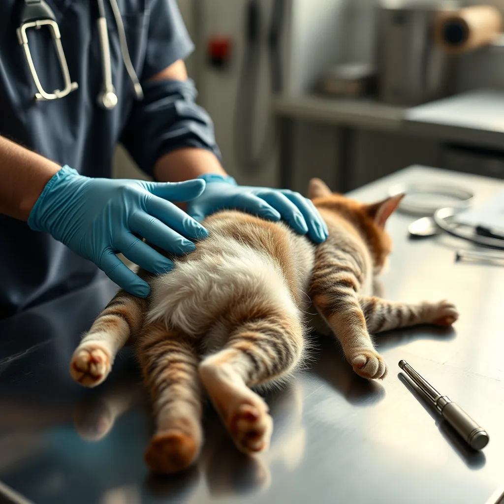 Examen vétérinaire du ventre rasé d'une chatte avant l'intervention de stérilisation