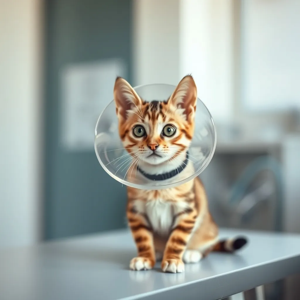 Chatte portant une collerette protectrice pendant la période de cicatrisation post-stérilisation