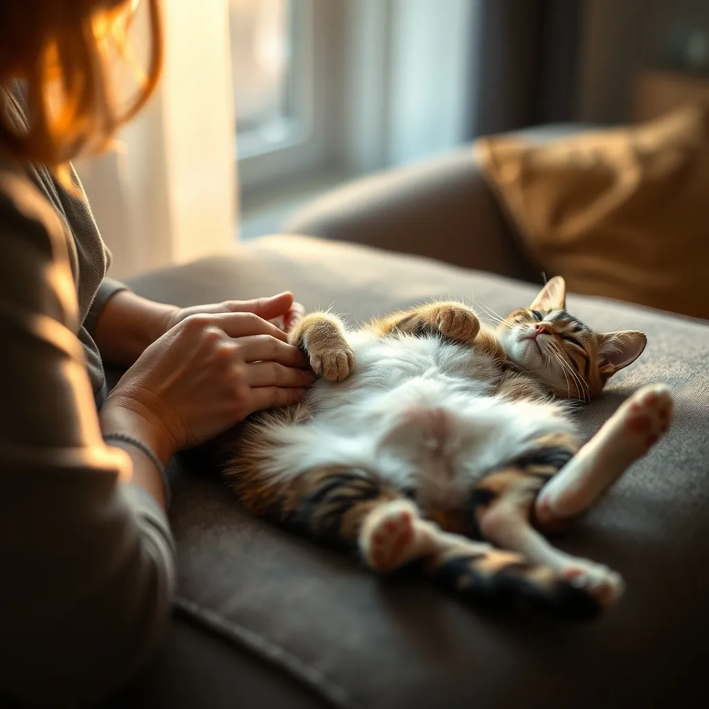 Propriétaire surveillant la cicatrisation du ventre de son chat après la stérilisation