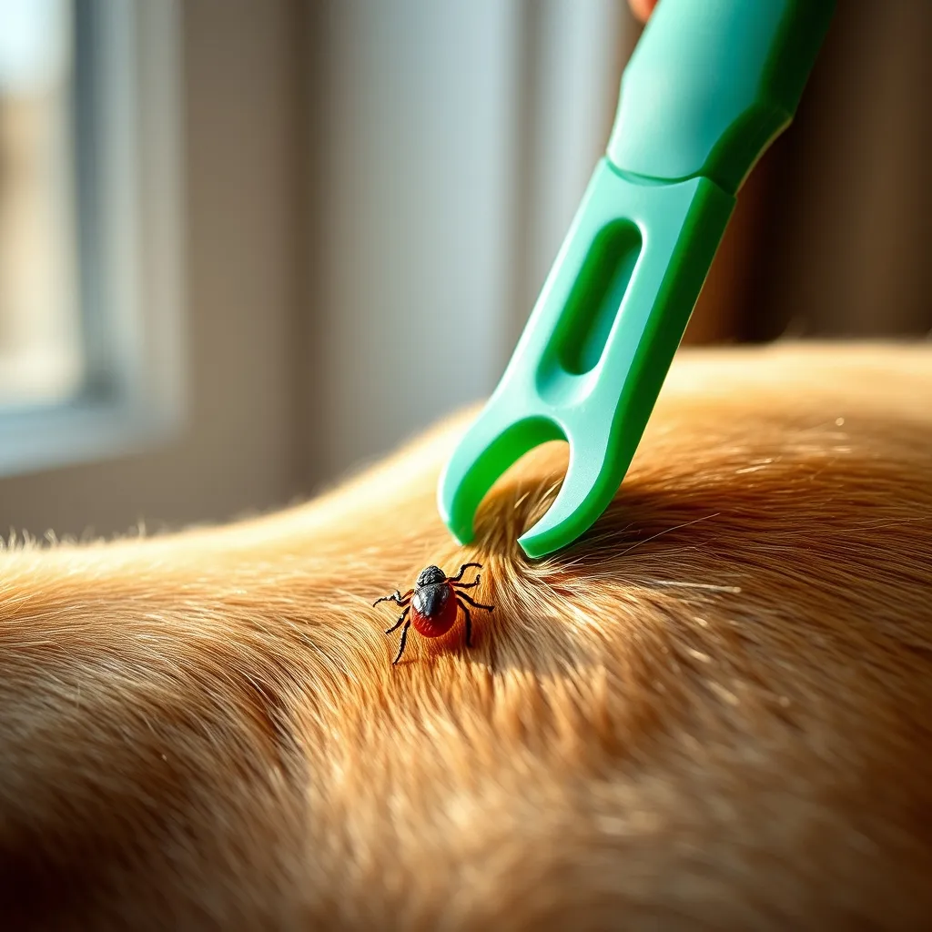 Utilisation d'un crochet tire-tique pour retirer une tique fixée sur un chien