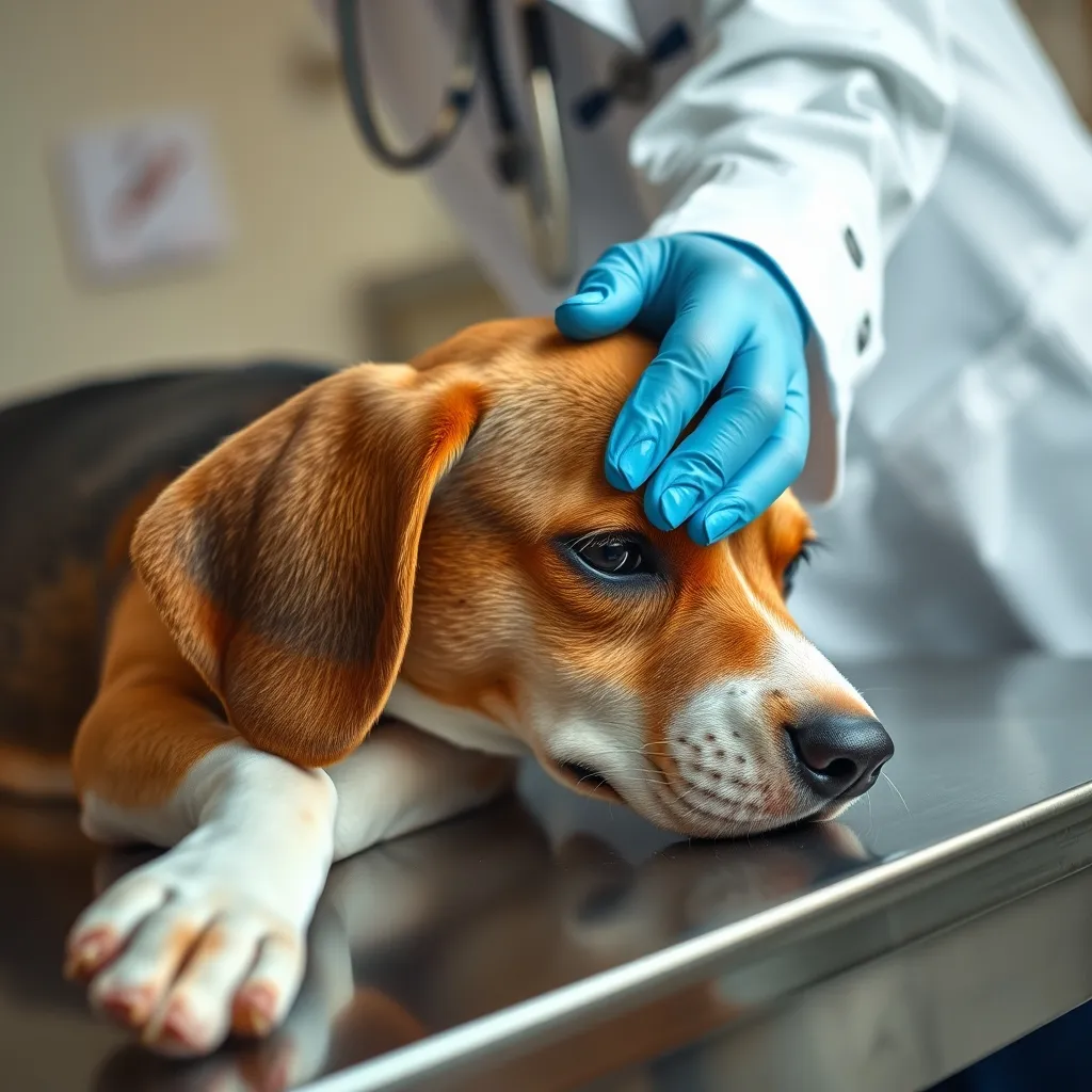 Palpation d'un nodule post-morsure de tique sur un beagle en consultation vétérinaire